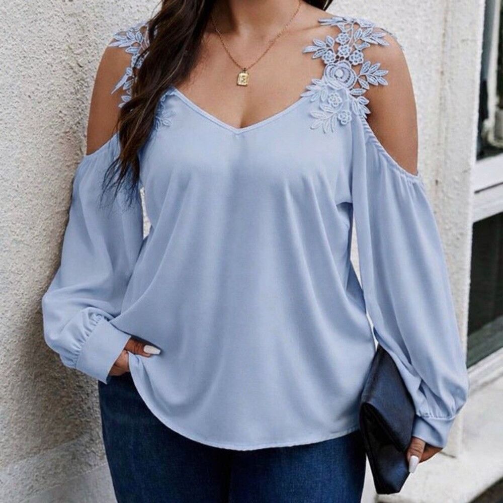 Casual Blouses Shoulder Off-Shoulder Long Sleeve Top Blue Size 4XL Flowers